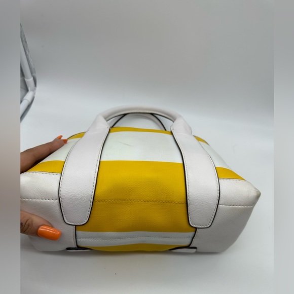 Coach Bleecker Mini Preston Striped Canvas Leather Satchel Yellow White - Picture 5 of 8